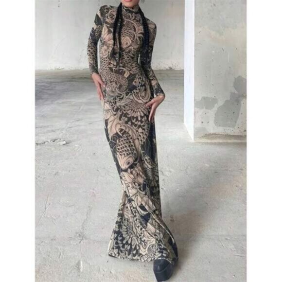 Dresses & Skirts - Melton Summer Sexy Colorblock Bodycon Dress High Neck Mesh Long Sleeve Graphic